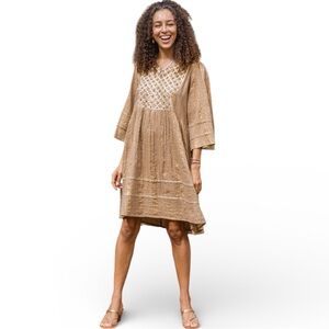 Novica Tan/Gold Dress Cotton Boho Flowy Hand Beaded Size XXL